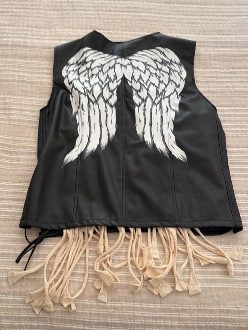 Daryl Dixon Black Faux Leather Vest with White Angel Wings